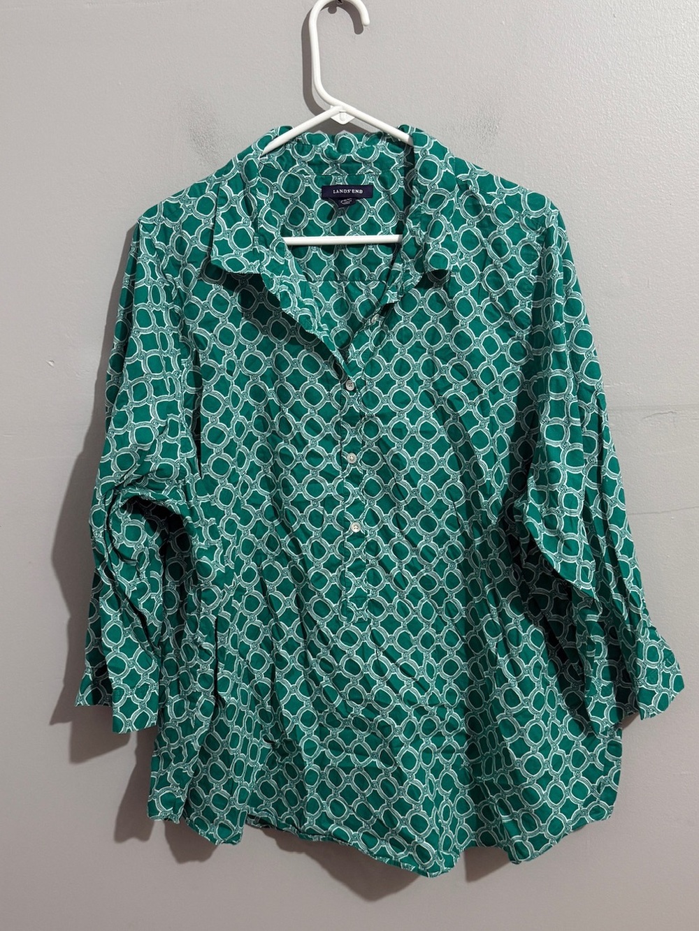 Lands End Shirt Womens 26W Green Geometric Print Button Front Tunic Blouse